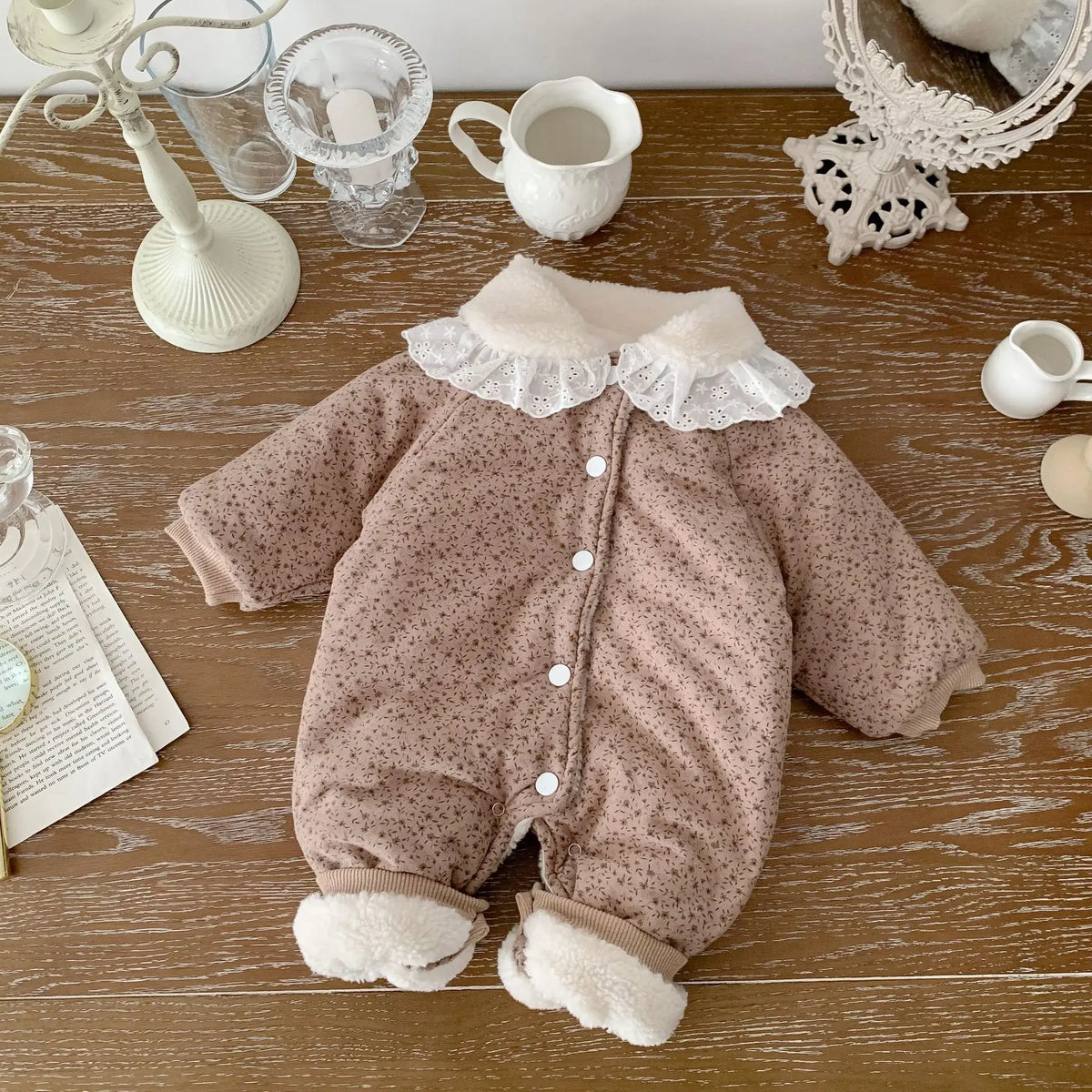 Korean Baby Cotton Jumpsuit Thickened Hooded Romper Plush Warm Autumn Winter Newborn Clothes Floral Princess Bodysuit Ropa Bebe