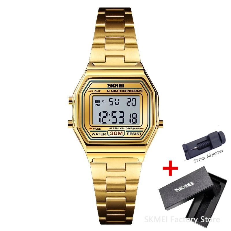 SKMEI 1415 Luxury Retro Digital Sports Watch for Women Stainless Steel Electron Waterproof Wristwatches Girl Clock Reloj Hombre