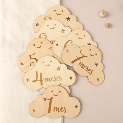Spanish Alphabet Baby  Wooden Milestone Number Month Memorial Cards Items Cute Cloud Shape Newborn Photography Accessories Props