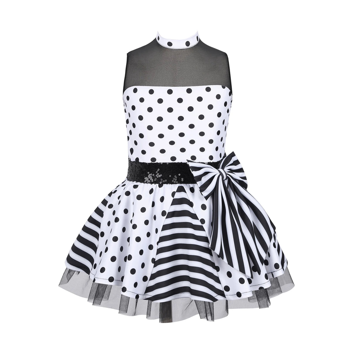 Girls Jazz Latin Ballet Dance Dress Polka Dots Print Mesh Sequin Bowknot Tutu Dress Birthdays Party Wedding Flower Girl Dresses