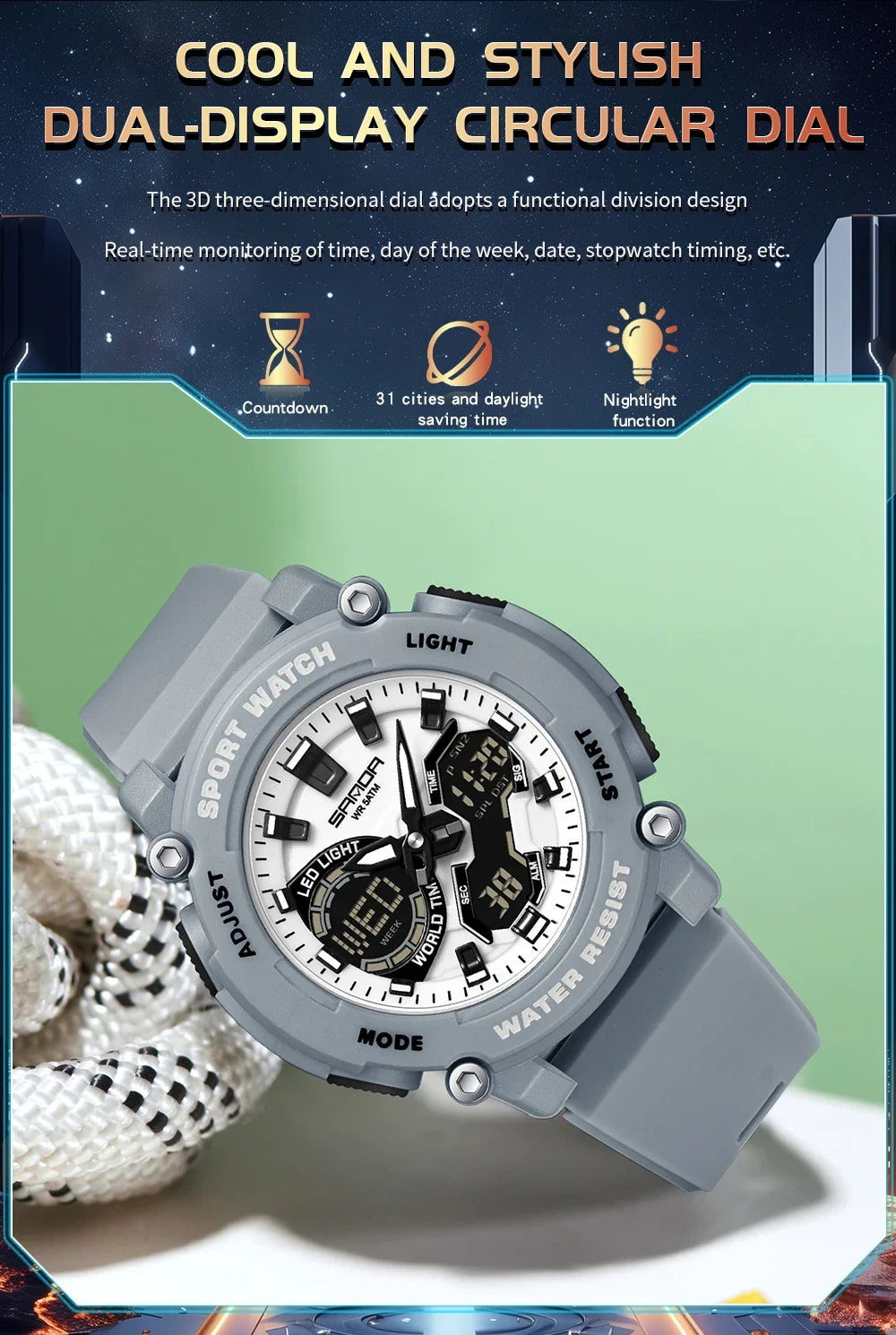SANDA Outdoor Men's Electronic Wristwatch Large Dial Multifunctional Waterproof Luminous Alarm Military Sports Watch
