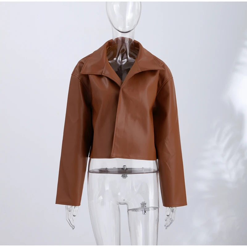 Street Pu Leather Women Jacket Elegant Long Sleeve Zippers Stand Collar Female Outwear 2026 Autumn Winter Chic Lady Coat