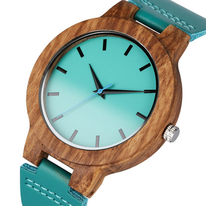 Unique Blue Genuine Leather Quartz Watch Men Women Fashion Minimalist Zebrawood Watch Case Couple Wristwatches Anniversary Gift