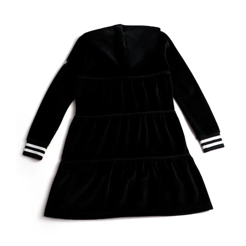 AA-Velour Hooded Set Tired Dress with Hooded Lining Striped Shirt and baby Footie Romper Ribbed Family Clothing Dress for Girls