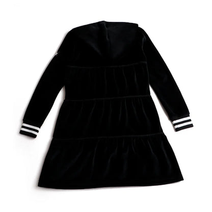 AA-Velour Hooded Set Tired Dress with Hooded Lining Striped Shirt and baby Footie Romper Ribbed Family Clothing Dress for Girls