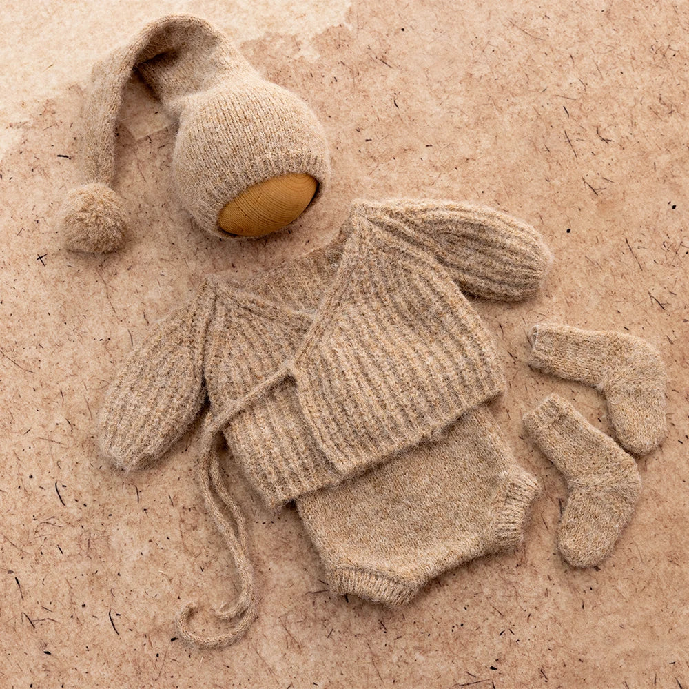 0-1 Month Newborn Photography Scenes Props Knitted Baby Costume Set Teddy Bear Doll Coffee Maker Props Studio Photo Accessories