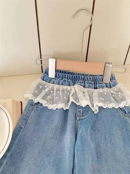 Girls Stitching Lace Denim Pants 2025New Spring Embroidered Bow Jeans Children Clothes Kids Straight Legged Pants Loose Trousers