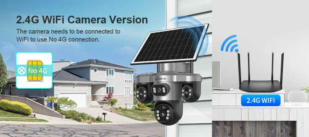 LS VISION Wireless WiFi Solar Camera Three Lens Three Screen 4G Sim Card Solar Cam Human Detection Outdoor Solar Surveillance