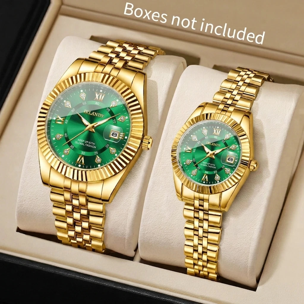 2PCS Fashion Couple's Watches Set Luxury Rhinestone Roma Dial Women Quartz Watch Men Calendar Business Wristwatches（Without Box）