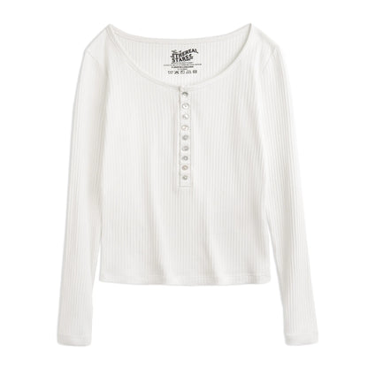 Maden Women’s Slim Fit Henley Shirt Ribbed Knit Long Sleeve T-shirt O-Neck Layering Top Solid Color Autumn Winter Inner Wear