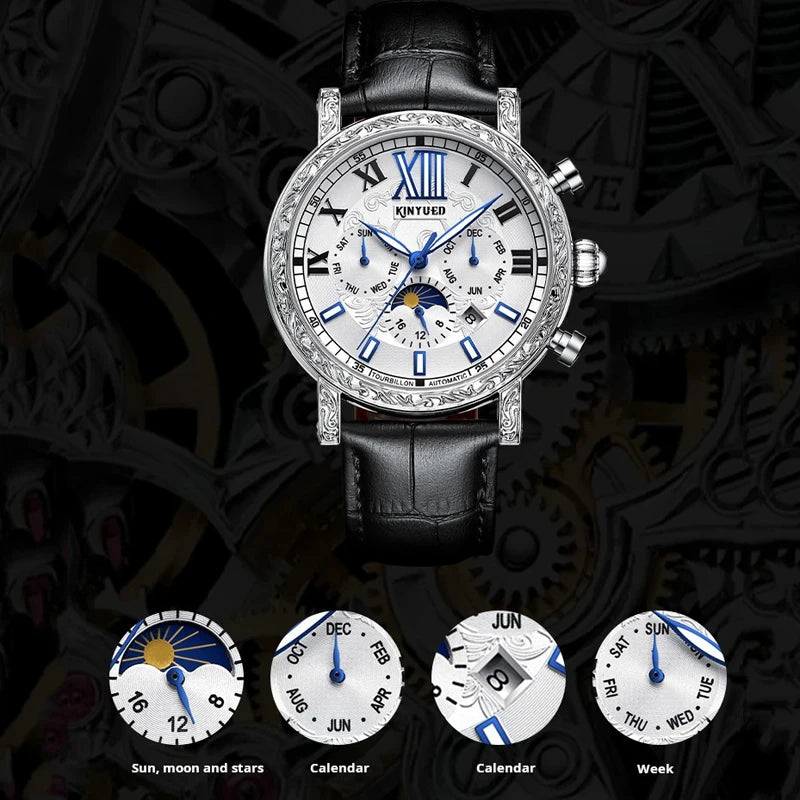 KINYUED Brand Luxury Men's Moon Phase Automatic Mechanical Watch Leather Strap Waterproof Week Date Casual Dress Wrist Watches