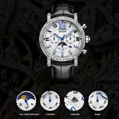 KINYUED Brand Luxury Men's Moon Phase Automatic Mechanical Watch Leather Strap Waterproof Week Date Casual Dress Wrist Watches
