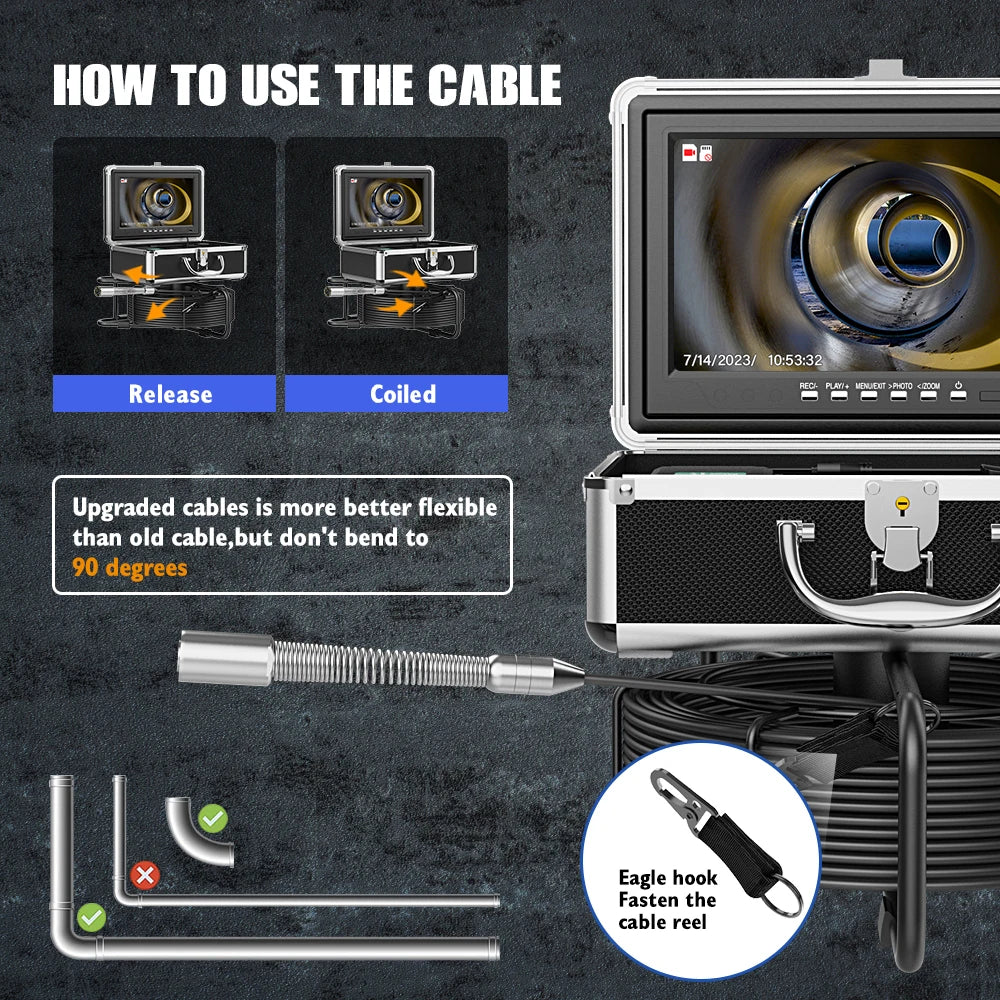 17MM/23MM Sewer Pipe Inspection Camera  with DVR 16GB TF Card, Sewer Drain Industrial Endoscope 10" Monitor AHD 720P Camera