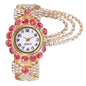 Trendy Leisure Women’s Watch Chic Gold Hollow Design Quartz Watch Stylish Red White Rhinestone Bangle Wristwatch