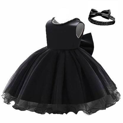 Infant Baby Tulle Backless Pageant Wedding Party Flower Girls Big Bow Dress With Headwear For Toddler Baptism Birthday Prom Gown