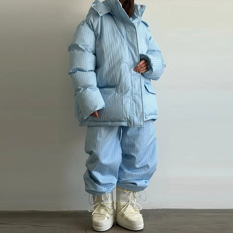 Casual Women's Stripe Set With Hat Full Sleeve Cotton Padded Coat Straight Pants Female Loose Sets 2026 Autumn Winter Lady Suit