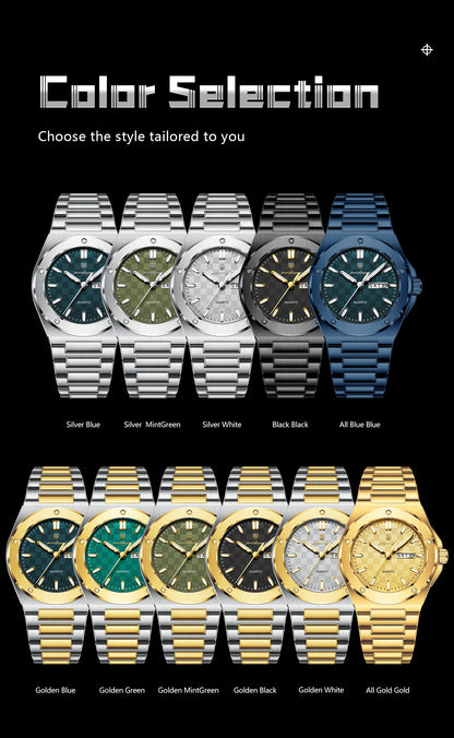 POEDAGAR High Quality Men Clock Date Week Waterproof Fashion Watch For Man Stainless Steel Luxury Men's Quartz Watches Reloj+Box
