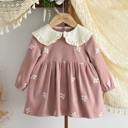 Sweet and Lovely Pink Baby Girl Doll Collar Long Sleeved Floral Princess Dress Korean Version Autumn New