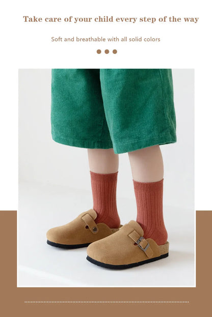 5 Pairs/Lot Children'S Socks Set Solid Color Double Needle Cotton Kids Mid-Tube Socks Candy Color Boys And Girls Student Socks