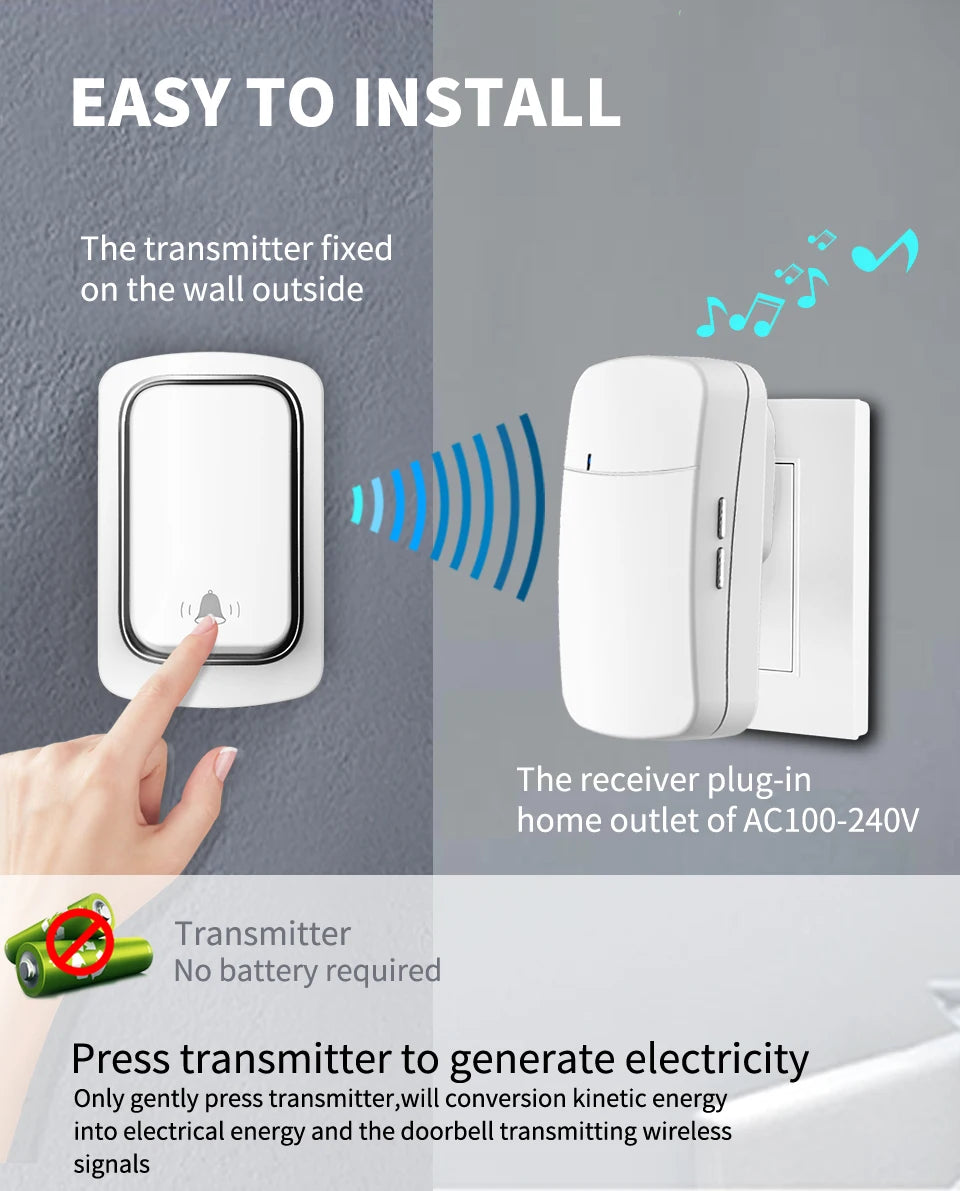 Self-Powered Wireless Doorbell, Household Anti-Theft Door Digital Music Chime Remote Control for Elderly Person's Call Device