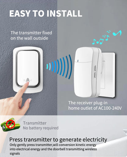 Self-Powered Wireless Doorbell, Household Anti-Theft Door Digital Music Chime Remote Control for Elderly Person's Call Device