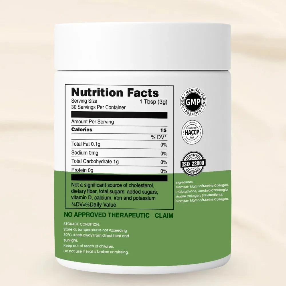 Matcha Collagen Powder with Marine Collagen Organic Green Tea Drink Mix Daily Beauty Wellness Support Gluten Free 30 Servings