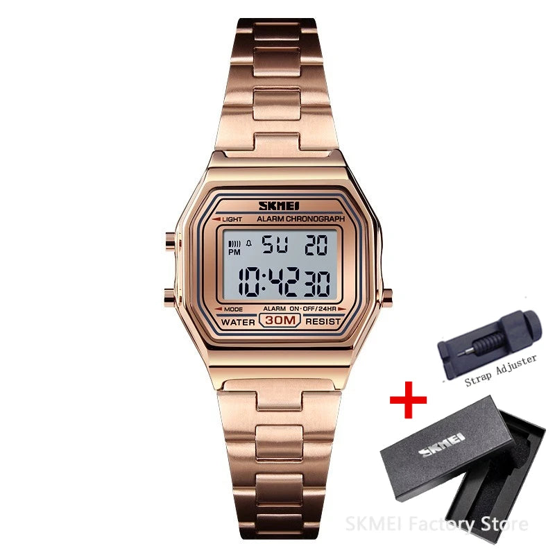 SKMEI 1415 Luxury Retro Digital Sports Watch for Women Stainless Steel Electron Waterproof Wristwatches Girl Clock Reloj Hombre