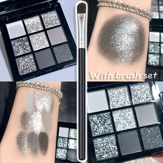 Dark Eye shadow Palette With Brush,Black Grey Silvery Color Shimmer Matte Finish Smokey Style Stage Party Performance Makeup