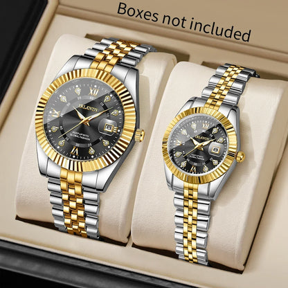 2PCS Fashion Couple's Watches Set Luxury Rhinestone Roma Dial Women Quartz Watch Men Calendar Business Wristwatches（Without Box）