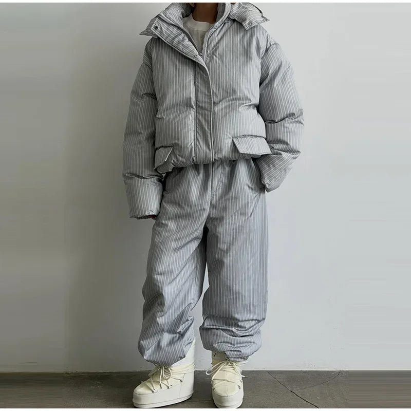 Stripe Women's Padded Cotton Coats Pant Suit Hooded Zipper Puffer Coat Loose Thick Pants 2026 Fashion Lady Autumn Winter Ski Set