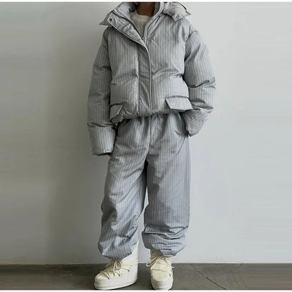 Stripe Women's Padded Cotton Coats Pant Suit Hooded Zipper Puffer Coat Loose Thick Pants 2026 Fashion Lady Autumn Winter Ski Set