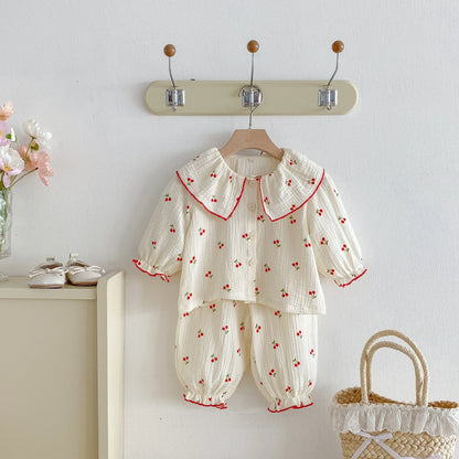 Little Cherry, A Full-Print Long-Sleeved Set With a Large Lapel, Sweet and Casual Long Pants