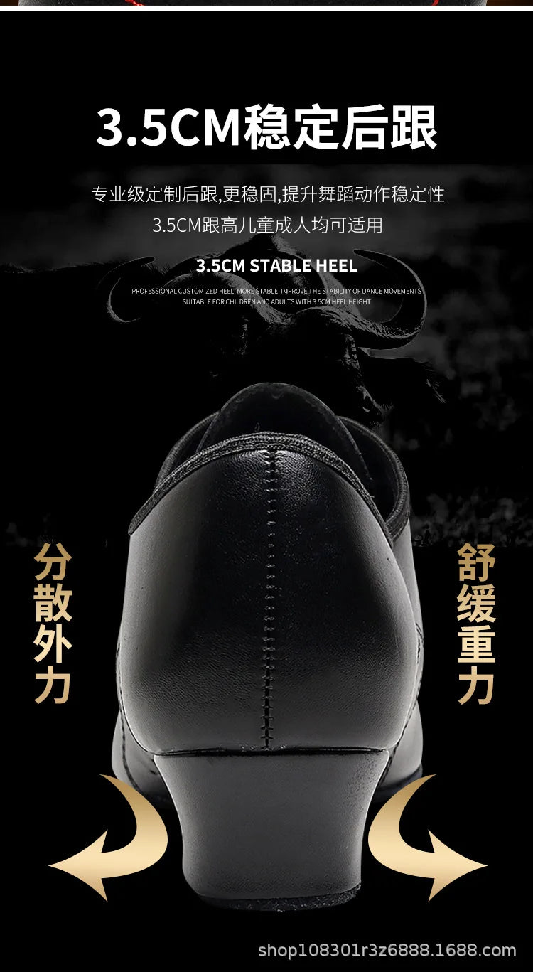 Children Latin Dance Shoes Boy Men Professional Leather Latin Shoes Black Soft Sole Kids Low-heeled Social Modern Dance Shoes