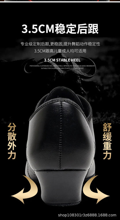 Children Latin Dance Shoes Boy Men Professional Leather Latin Shoes Black Soft Sole Kids Low-heeled Social Modern Dance Shoes