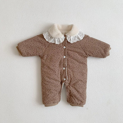 Korean Baby Cotton Jumpsuit Thickened Hooded Romper Plush Warm Autumn Winter Newborn Clothes Floral Princess Bodysuit Ropa Bebe