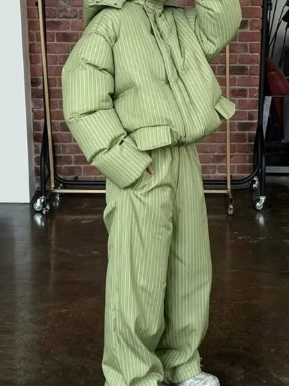 Stripe Women's Padded Cotton Coats Pant Suit Hooded Zipper Puffer Coat Loose Thick Pants 2026 Fashion Lady Autumn Winter Ski Set