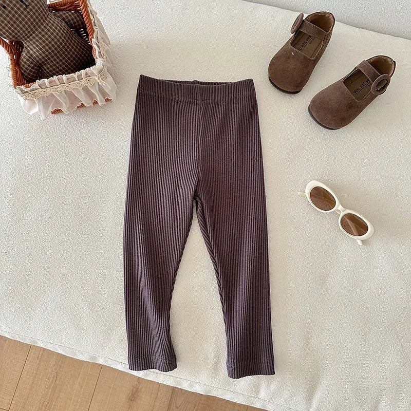 Children's Solid Color Leggings Cotton Ribbed Toddler Pants Versatile Inner Outer Wear Gender Neutral Kids Trousers