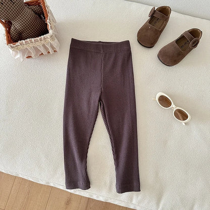 Children's Solid Color Leggings Cotton Ribbed Toddler Pants Versatile Inner Outer Wear Gender Neutral Kids Trousers