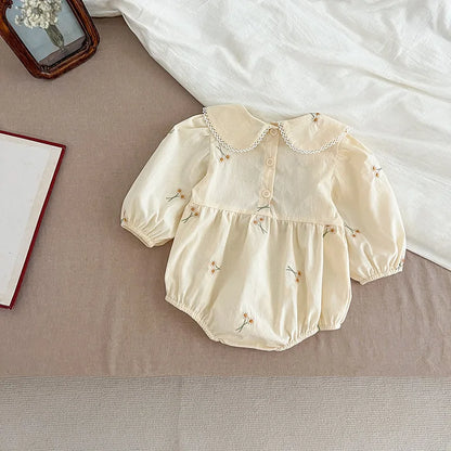 Spring 0-24M Baby Girl Clothing Toddler Baby Girl Romper Embroidery Flower Dots Cotton Romper White Infant Baby Girls Jumpsuit