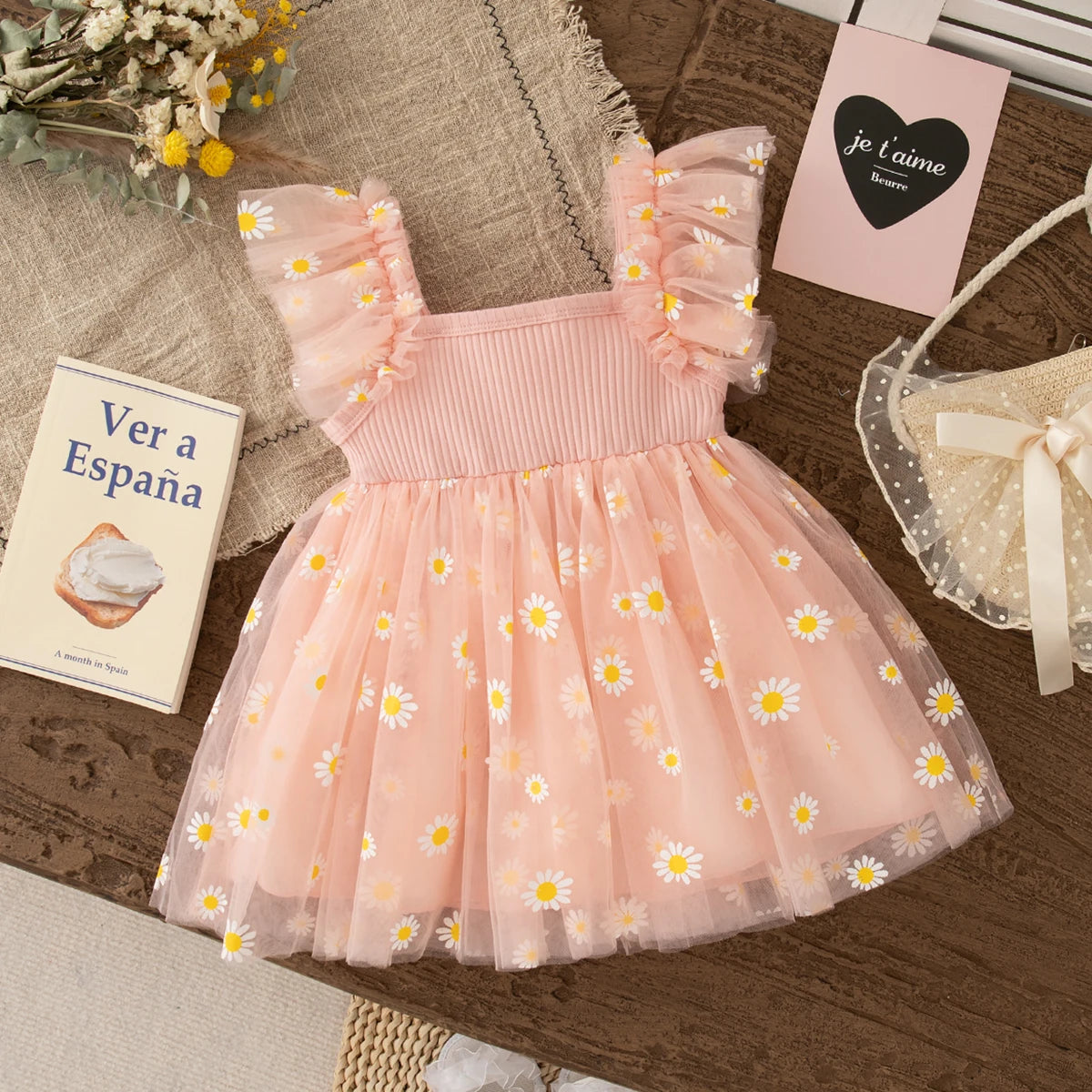 Baby Girl Dress Fashion Daisy Print Mesh Princess Dress Soft Comfortable Baby Outing Dress Girl Pink Birthday Gift