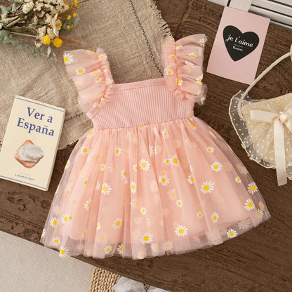 Baby Girl Dress Fashion Daisy Print Mesh Princess Dress Soft Comfortable Baby Outing Dress Girl Pink Birthday Gift