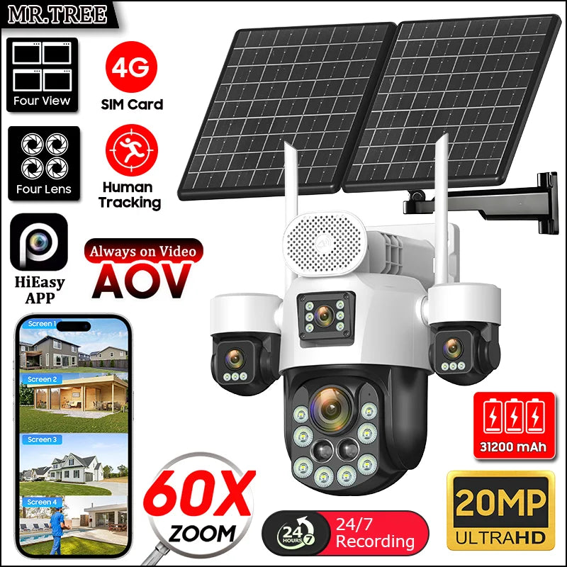 20MP AOV Solar Outdoor Surveillance Camera 4G SIM 7/24 Hours Recording 60X Optical Zoom Auto Track 31200mah Security PTZ Cameras