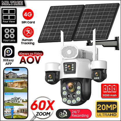 20MP AOV Solar Outdoor Surveillance Camera 4G SIM 7/24 Hours Recording 60X Optical Zoom Auto Track 31200mah Security PTZ Cameras