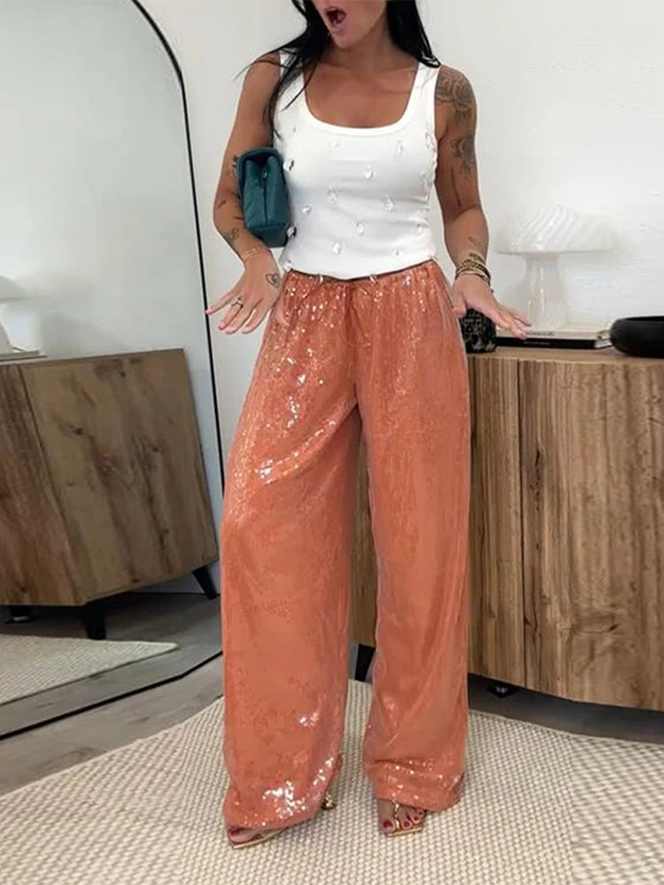 Casual Sequin Pants Women Loose Elastic Waist Wide Legs Trousers Female 2026 Autumn Winter Fashion Chic Solid Streetwears Lady
