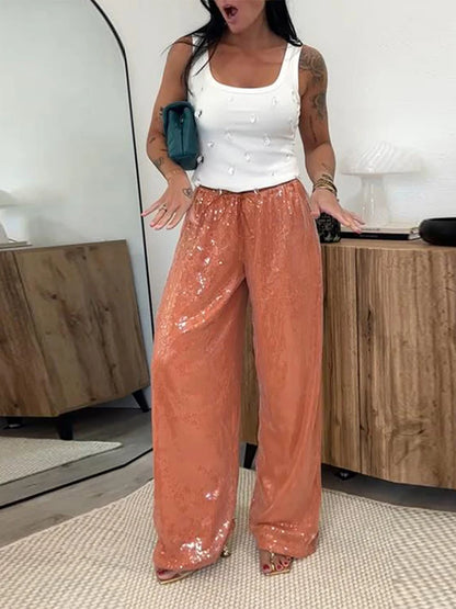 Casual Sequin Pants Women Loose Elastic Waist Wide Legs Trousers Female 2026 Autumn Winter Fashion Chic Solid Streetwears Lady