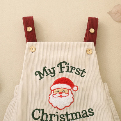 Newborn Baby My First Christmas Suspender Bodysuit Corduroy Santa Claus Embroidery Infant Sleeveless Holiday Romper Outfit