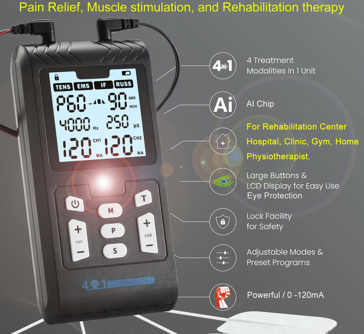 4-in-1 Electric Muscle Stimulator EMS Interferential High-Frequency Physiotherapy Device Electrostimulator for Muscle Relaxation