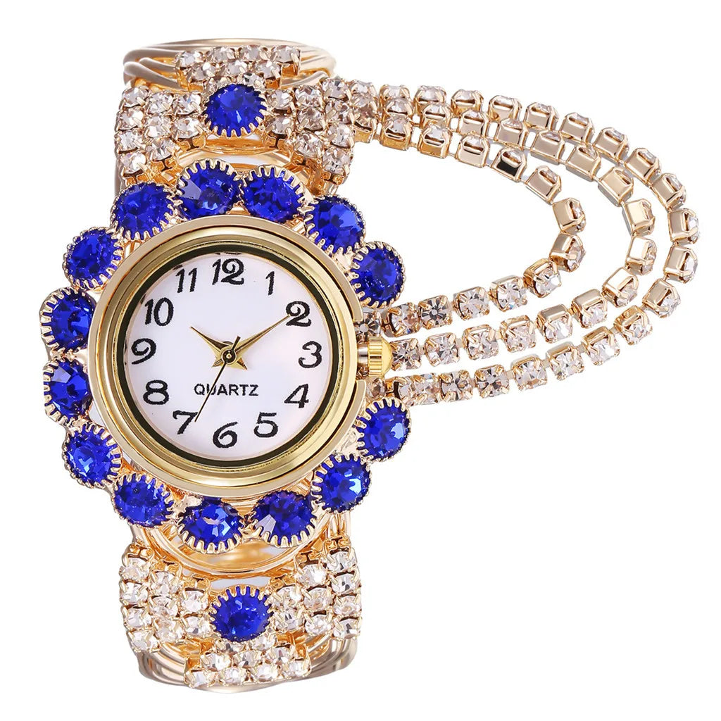 Trendy Leisure Women’s Watch Chic Gold Hollow Design Quartz Watch Stylish Red White Rhinestone Bangle Wristwatch