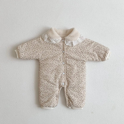 Korean Baby Cotton Jumpsuit Thickened Hooded Romper Plush Warm Autumn Winter Newborn Clothes Floral Princess Bodysuit Ropa Bebe