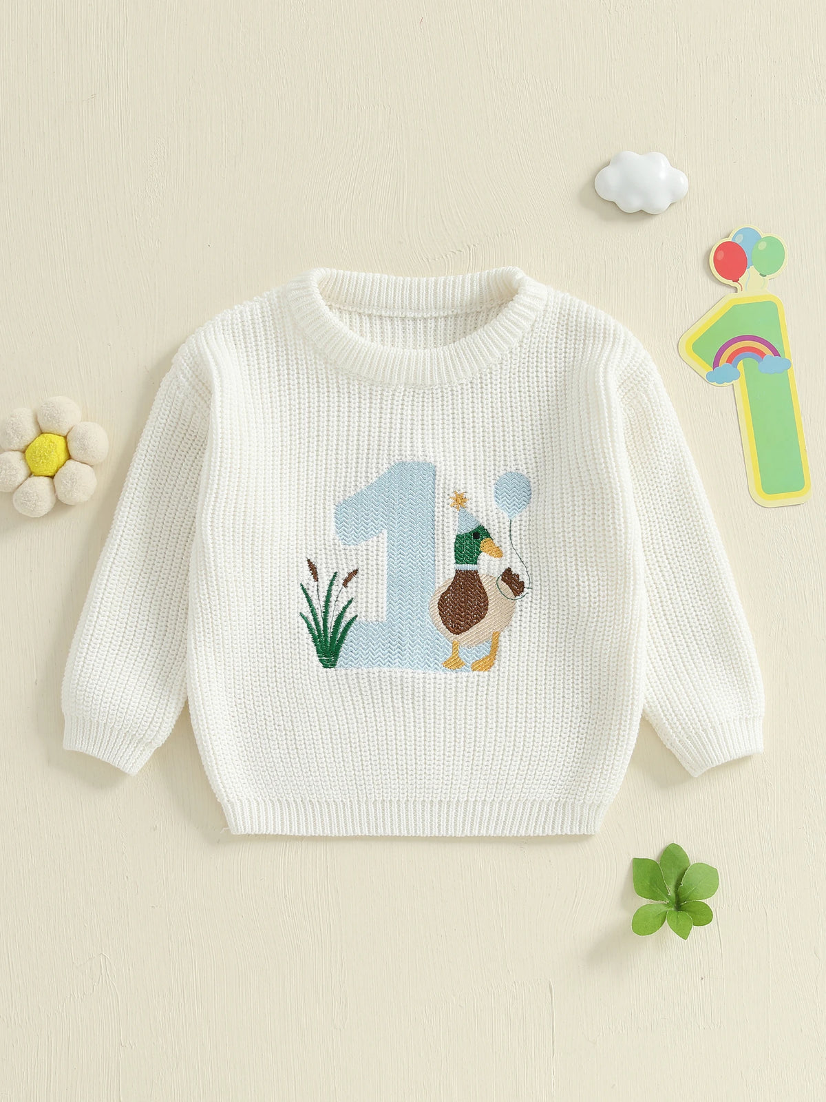 Baby Boy Birthday Sweater Casual Duck Letter Embroidery Infant Pullover Knitwear for Toddler Warm Clothes